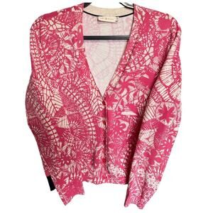 Tory Burch Abstract Print V Neck Button Down Cardigan White And Pink Size Medium